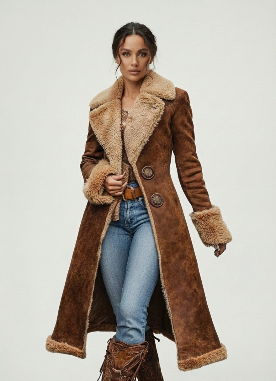 Abrigo Largo de Inspiración Vintage con Pelaje Sintético